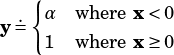    {
y=. α  where x< 0
    1  where x≥ 0
