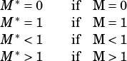 M *= 0    if M = 0
M *= 1    if M = 1
M *< 1    if M < 1
M *> 1    if M > 1
